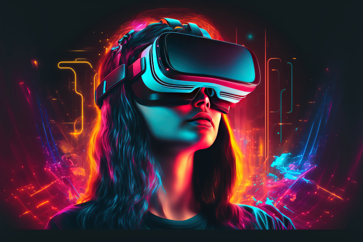 Junge Frau mit Virtual-Reality-Brille auf dunklem Hintergrund. Generiert mit KI