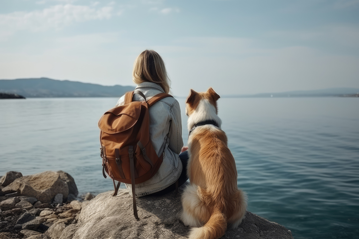 Frau reist mit Hund und sitzen am See.