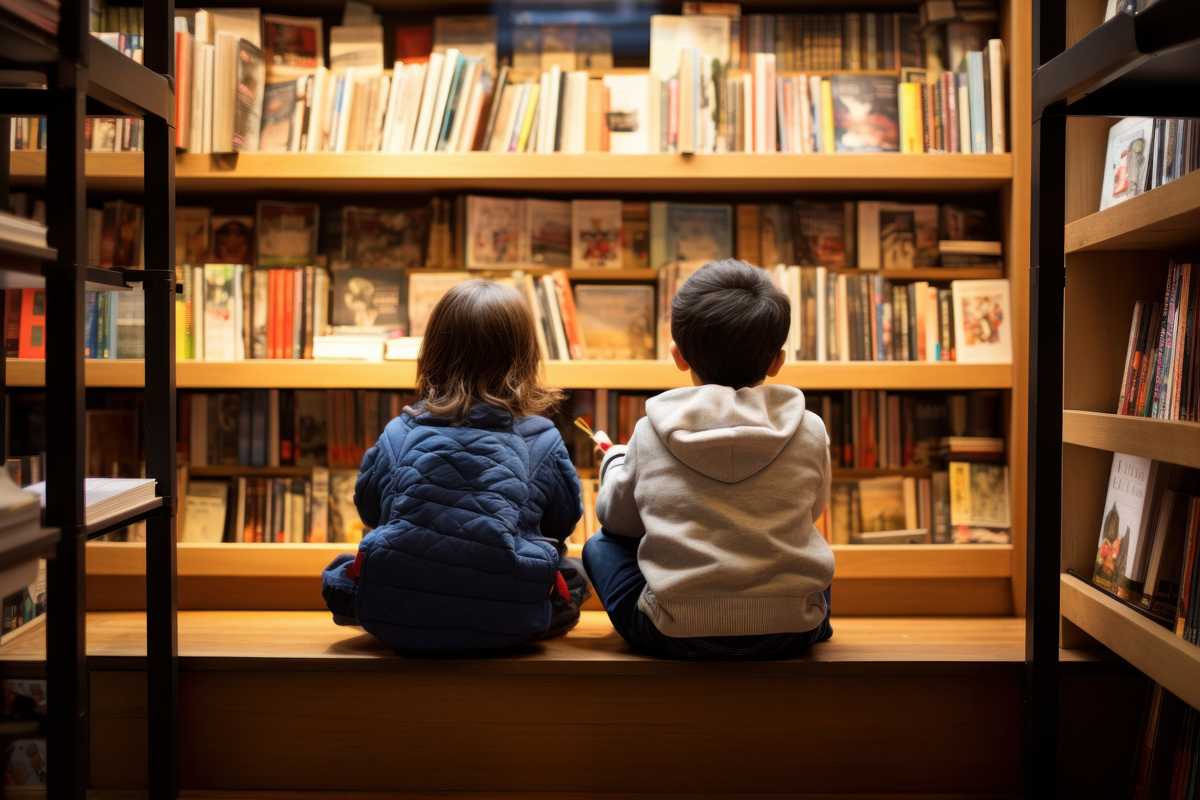 Zwei Kinder sitzen in einem Buchladen, schauen auf Regale voller Bücher - mit KI erzeugt