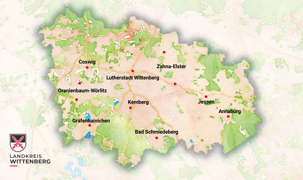 Karte des Landkreises Wittenberg mit seinen Städten