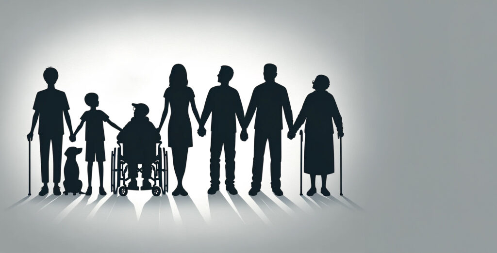 Verschiedene Personen mit Handicap, die sich an den Händen fassen