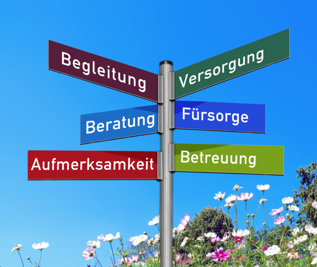 Wiese mit Straßenverkehrsschild mit den Wörtern Begleitung, Versorgung, Beratung, Fürsorge, Aufmerksamkeit, Betreuung für Präventive Kinder- und Jugendhilfe