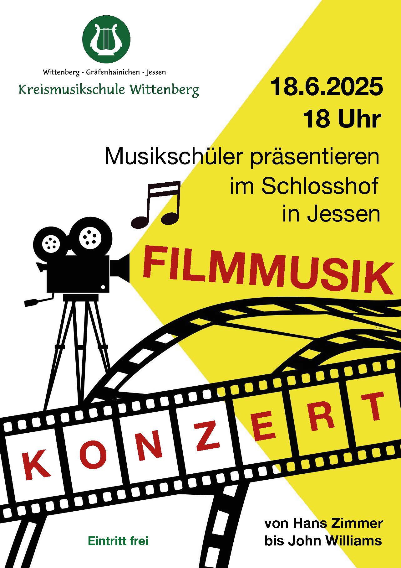 Flyer Kreismusikschule Wittenberg - Konzert Filmmusik - Musikschüler präsentieren im Shlosshof in Jessen