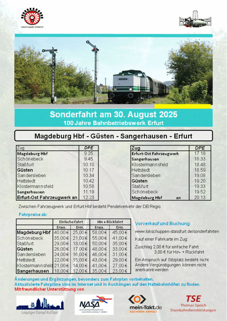 Sonderfahrt am 30.08.2025 Magdeburg - Güsten - Sangerhausen - Erfurt
