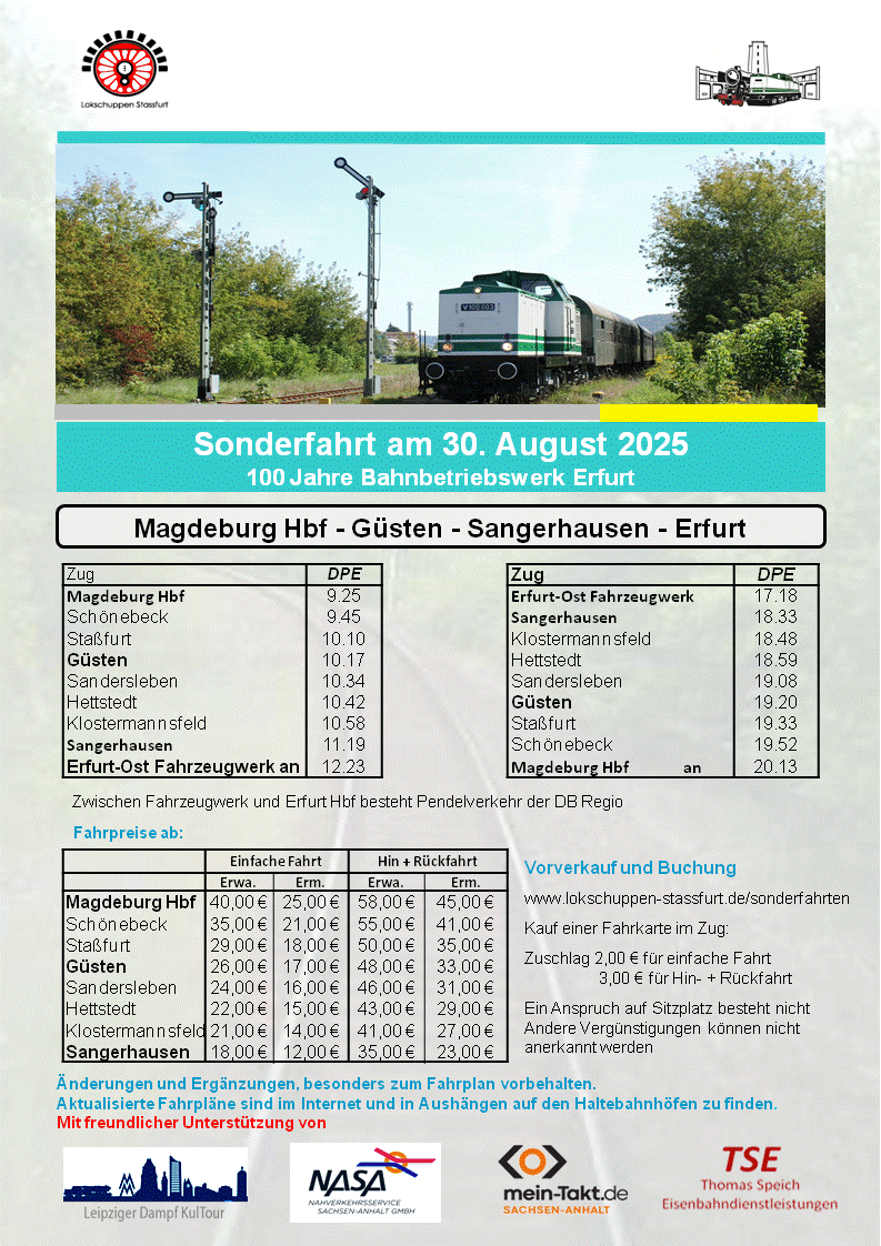 Sonderfahrt am 30.08.2025 Magdeburg - Güsten - Sangerhausen - Erfurt