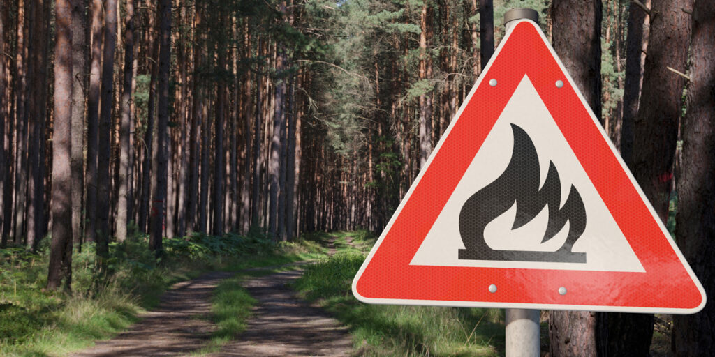 Schild zum Thema Waldbrand steht vor einen Waldweg