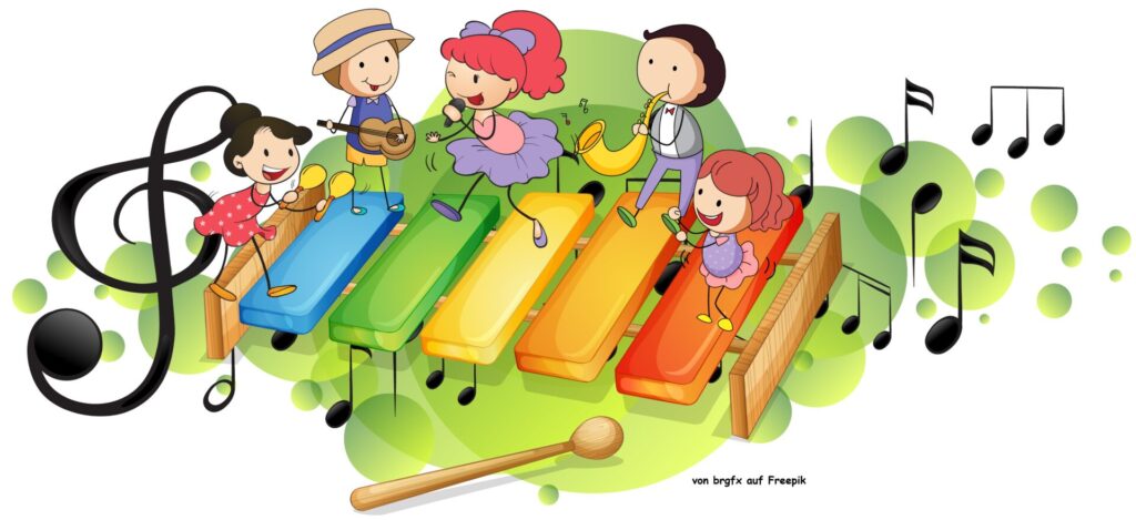 Kinder tanzen auf einem großen Xylophon und spielen selbst Instrumente Bild im Comicstil