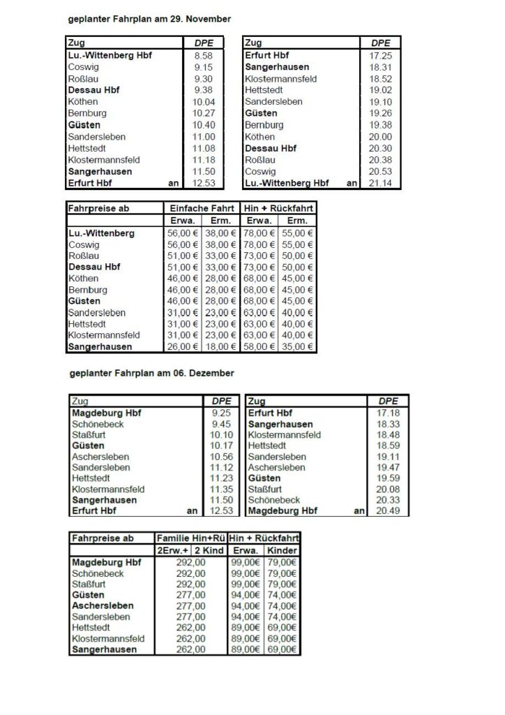 Fahrplan Sonderfahrt