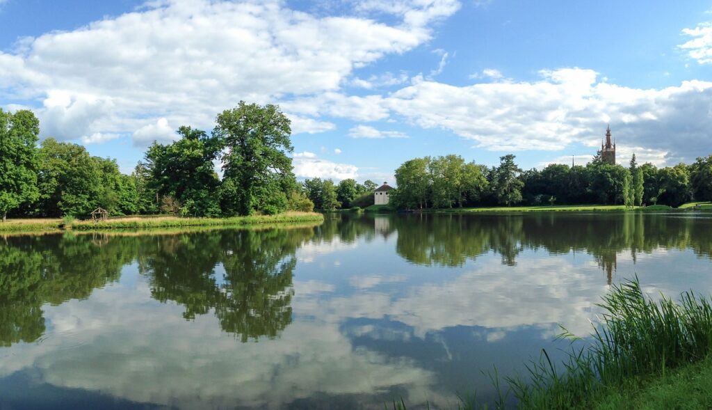 Wasser imVordergrund, Wörlitz mit Blick auf die Synagoge im Hintergrund