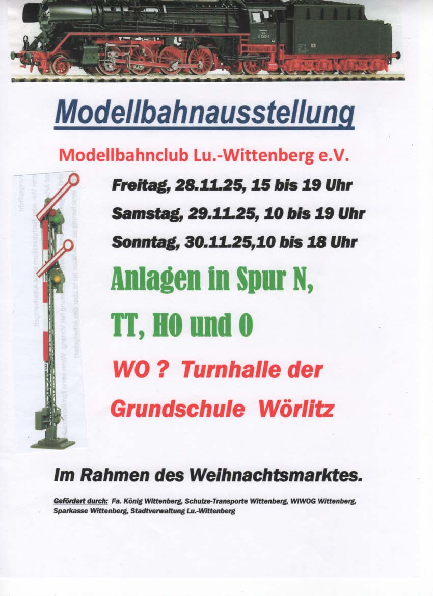 Modellbahnausstellung am 1. Adventswochenende im Rahmen des Wörlitzer Weihnachtsmarktes in der Turnhalle der Grundschule Wörlitz