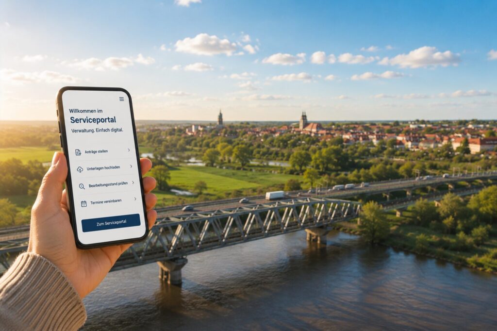 Smartphone auf dem das Serviceportal vom Landkreis Wittenberg angezeigt wird - im Hintergrund sieht man die Lutherstadt Wittenberg