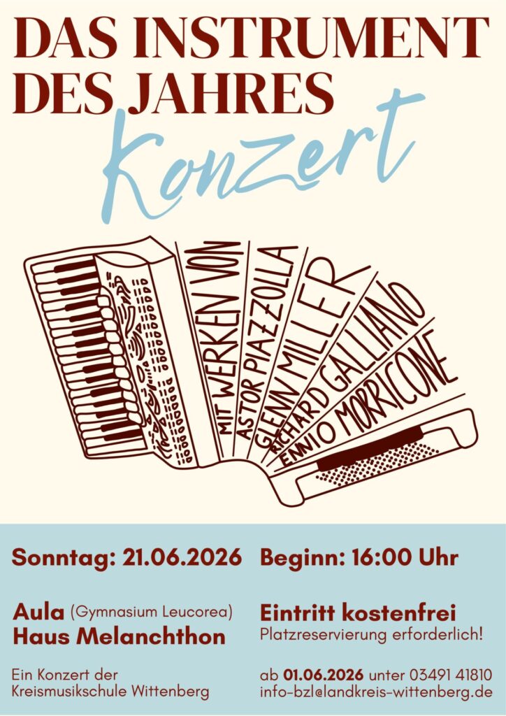 Plakat mit gezeichnetem Akkordeon und den Daten zum Konzert am 21.06.2026
