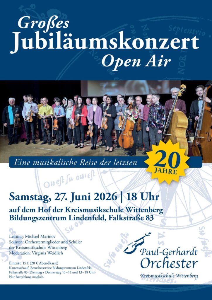 Plakat mit Paul-Gerhardt-Orchester der Kreismusikschule Wittenberg mit Daten zum Konzert am 27. Juni 2026
