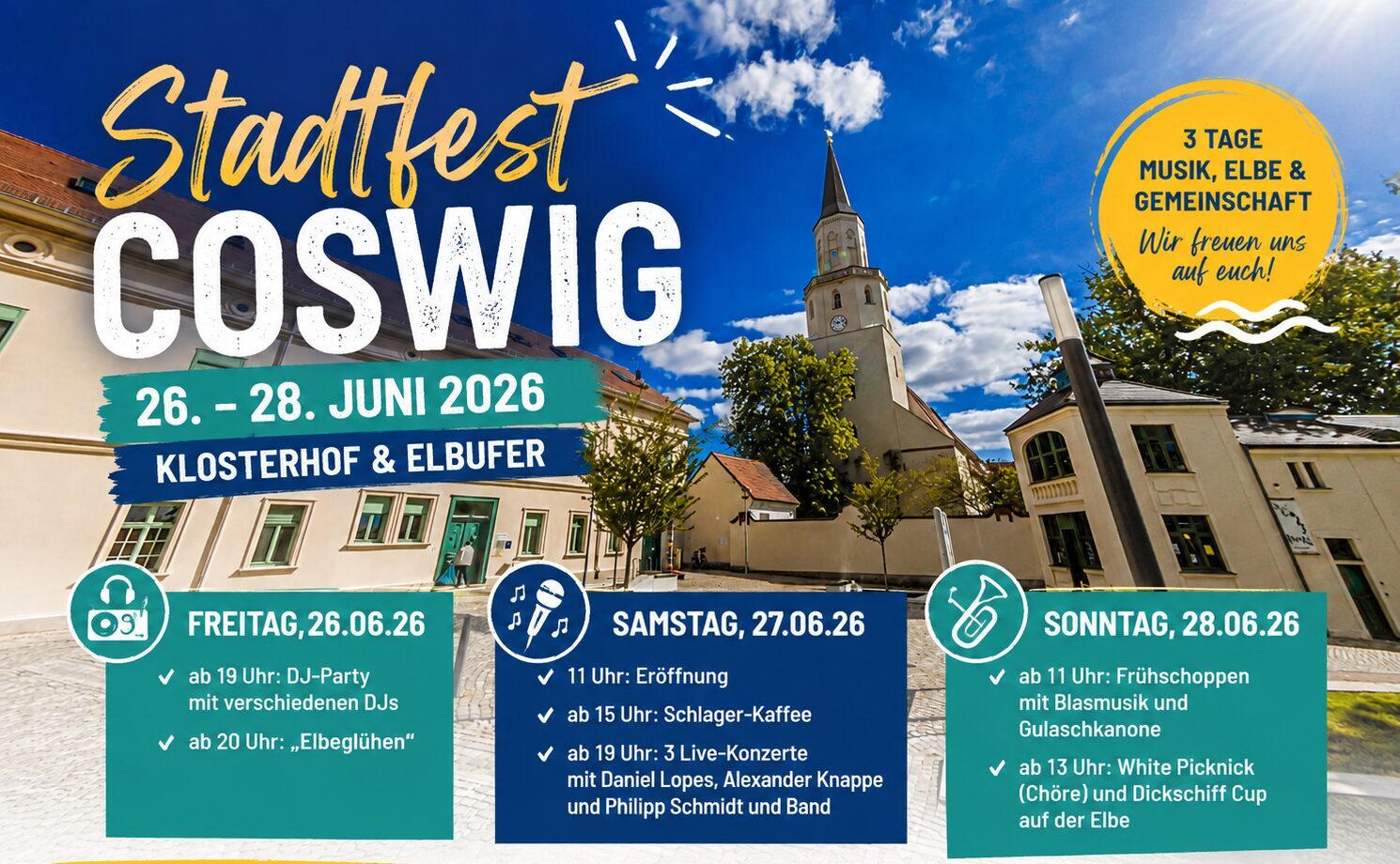 Klosterhof in Coswig mit den Hinweis zum Stadtfest 2026