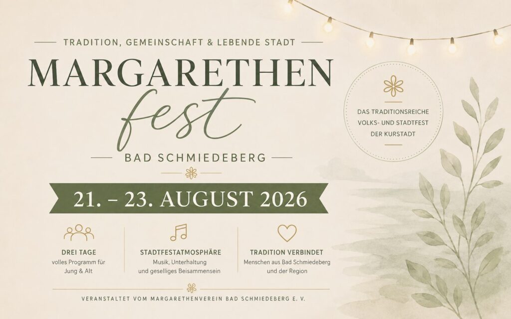 Werbung für das Margarethenfest vom 21.08. bis 23.08.2026 in Bad Schmiedeberg