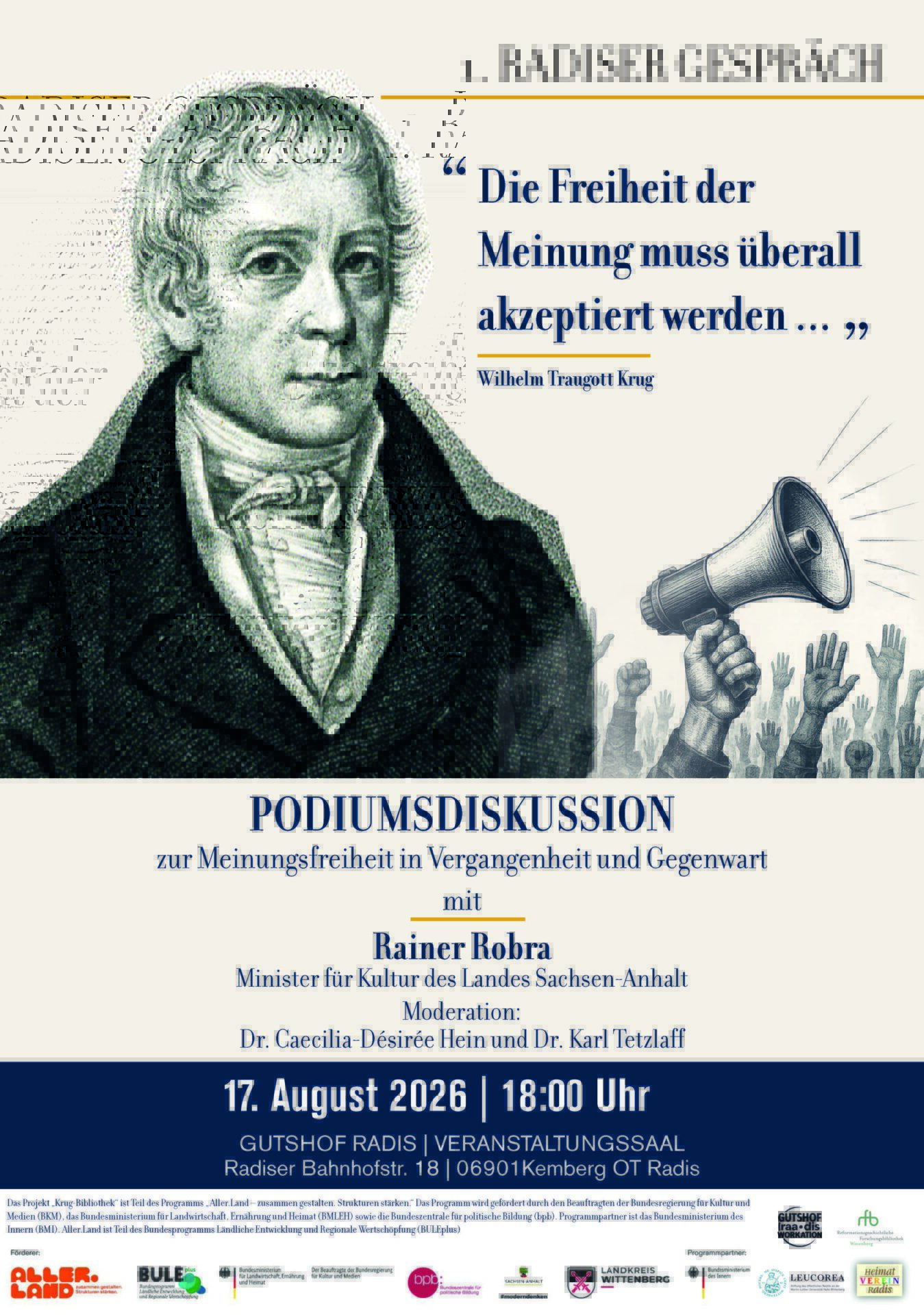 Plakat Podiumsdiskussion zur Meinungsfreiheit in Radis