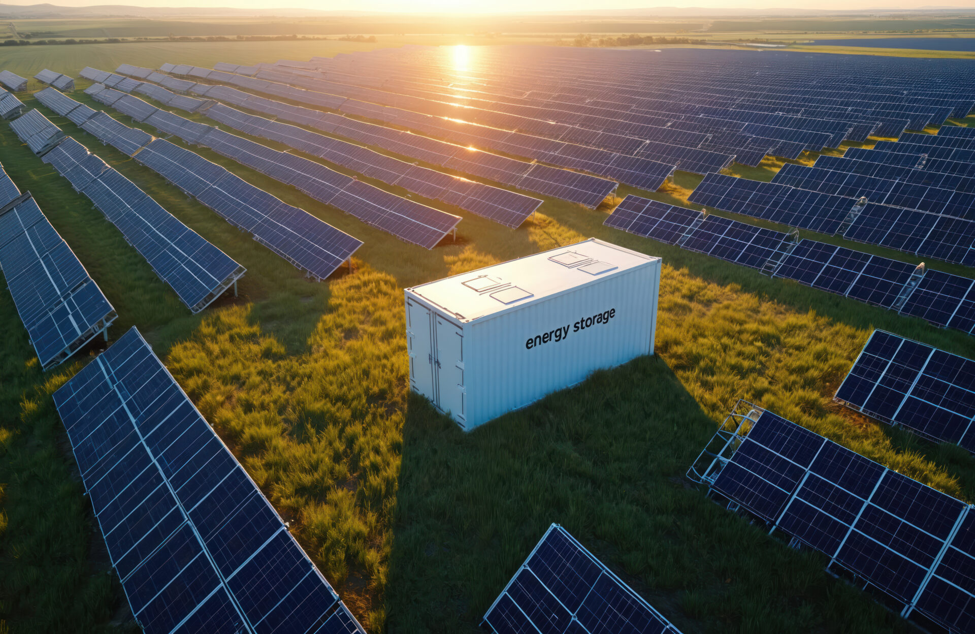 PV-Feld mit Energiespeicher im Sonnenaufgang