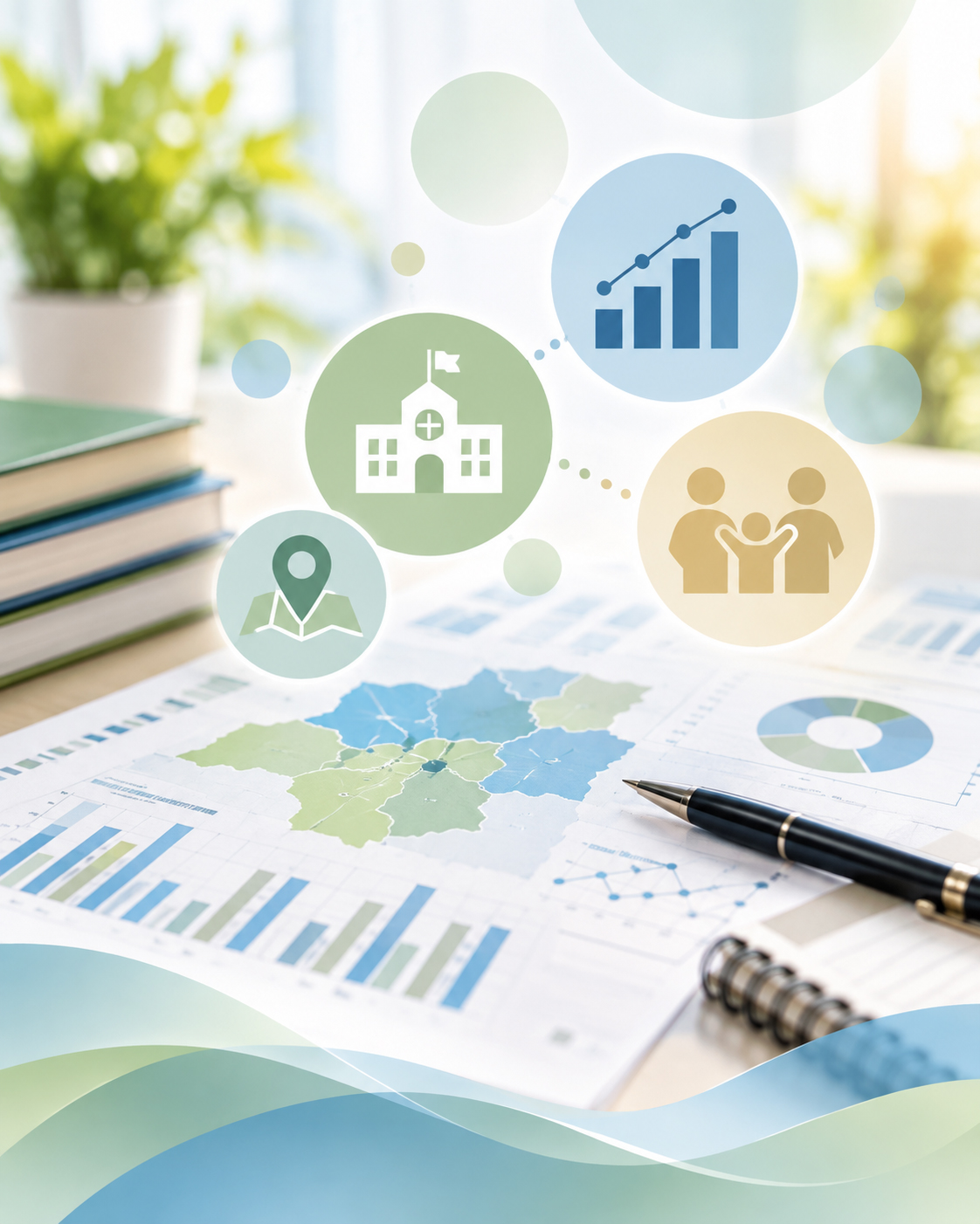 auf einen Tisch liegen verschiedene Dokumente mit Statistiken darum sind icons