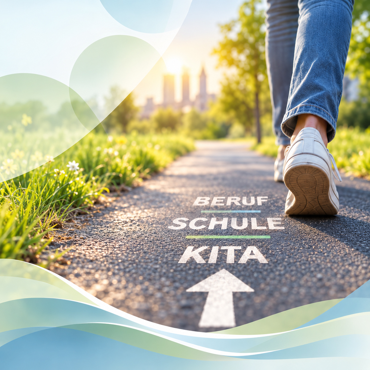 Person geht auf einer Straße, auf der steht: Kita, Schule und Beruf
