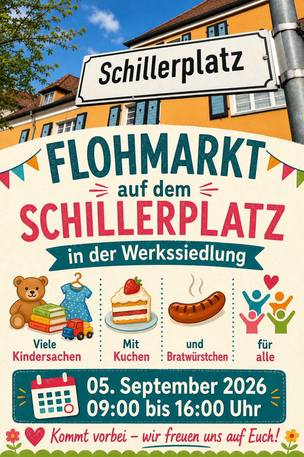 ein bunter Flyer für den Flohmarkt auf dem Schillerplatz in Piesteritz