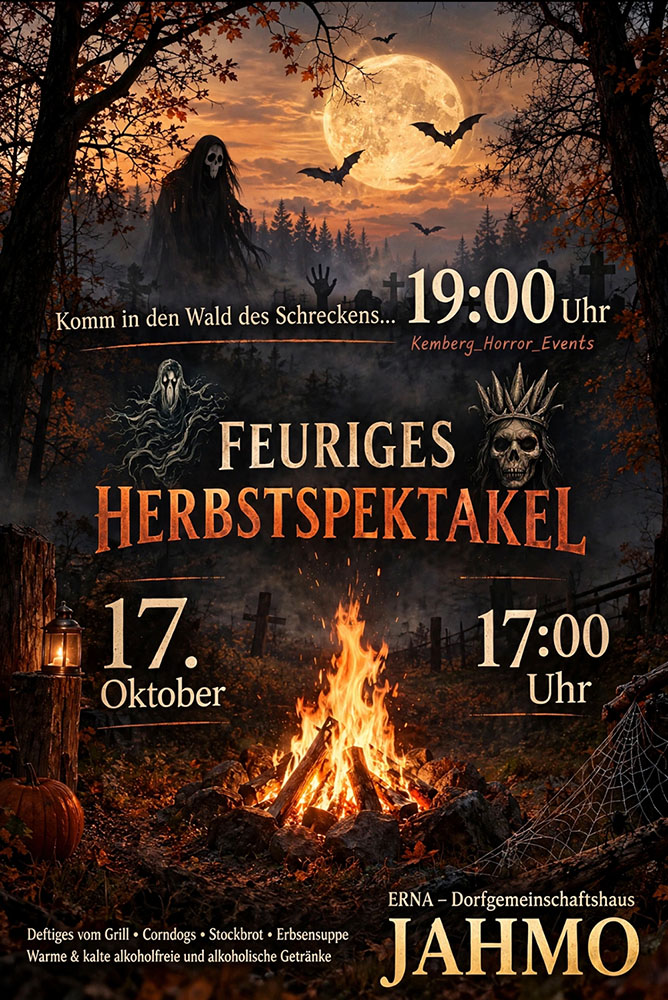 Herbstliches Plakat mit Vollmond, Fledermäusen, Lagerfeuer, Spinnennetz und Halloween-Motiven für ein Feuerspektakel am 17. Oktober um 17 Uhr im Dorfgemeinschaftshaus Jahmo.