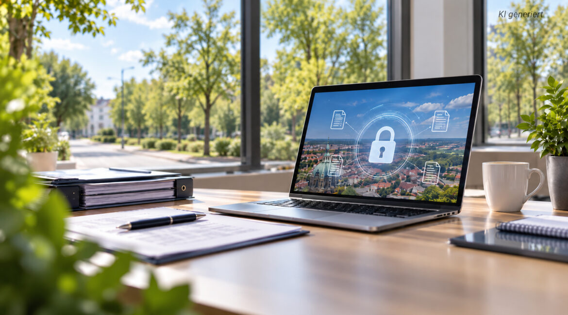Schreibtisch, wo ein Laptop steht, auf dessen Bildschirm Icons zum Thema Datenschutz zu sehen sind - KI generiert