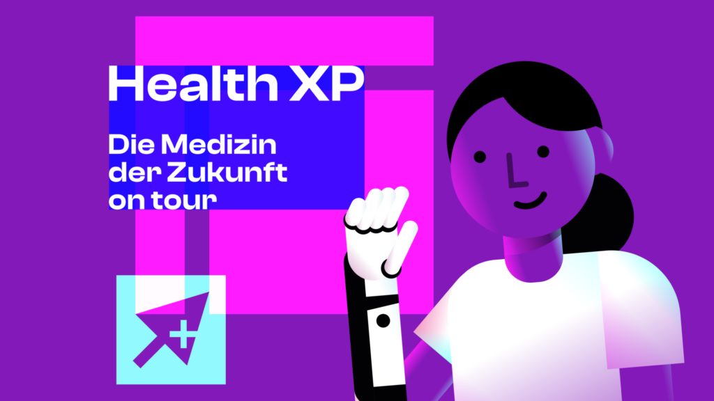 Illustration einer lächelnden Person mit dunklen Haaren und weißem T-Shirt vor lila Hintergrund mit Text 'Health XP Die Medizin der Zukunft on tour' und einem Cursor-Symbol mit Kreuz