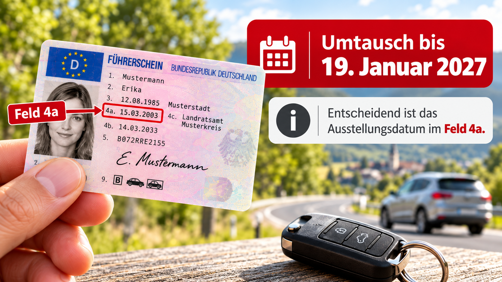 Hand hält deutschen Führerschein mit rotem Rahmen um Feld 4a und Text "Feld 4a" daneben, rechts daneben rotes Schild mit Kalender und Text 'Umtausch bis 19. Januar 2027' sowie graues Informationssymbol mit Text 'Entscheidend ist das Ausstellungsdatum im Feld 4a', im Hintergrund unscharfes Auto und Autoschlüssel auf Straße