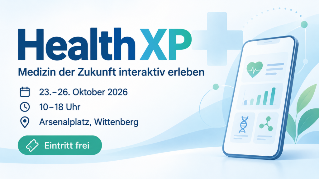 Werbebanner für Health XP mit Veranstaltungstermin, Uhrzeit, Ort und Smartphone mit Gesundheitsdaten auf dem Bildschirm