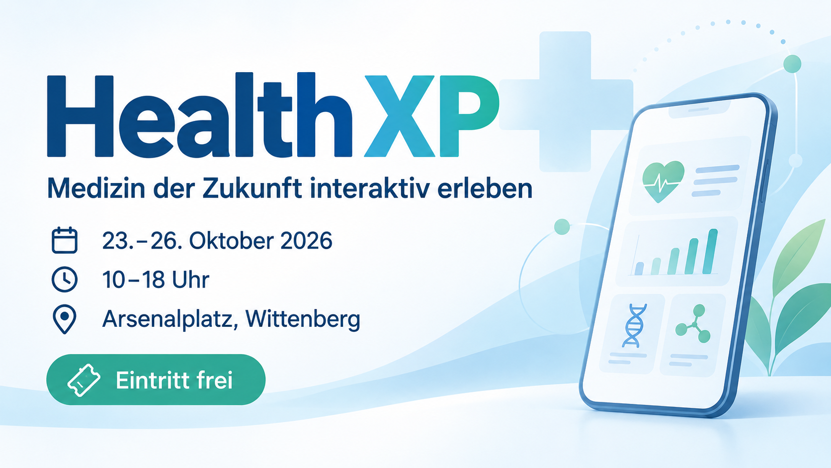 Werbebanner für Health XP mit Veranstaltungstermin, Uhrzeit, Ort und Smartphone mit Gesundheitsdaten auf dem Bildschirm