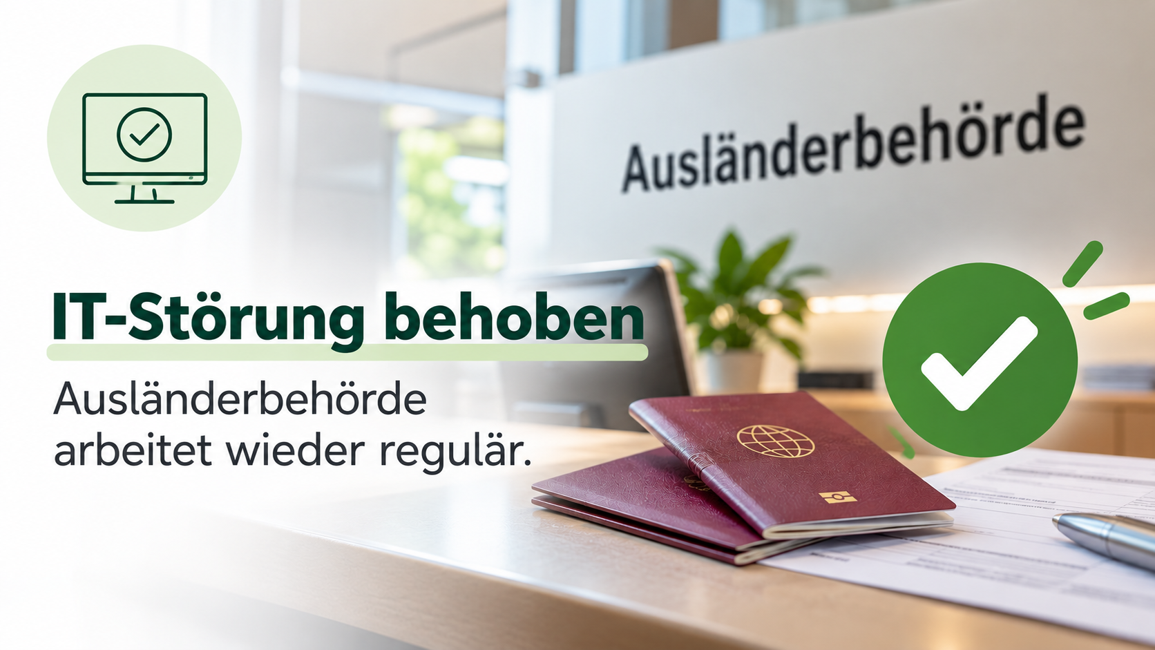 Schreibtisch mit zwei Pässen vor einer Glasscheibe mit der Aufschrift 'Ausländerbehörde' und grünes Häkchen-Symbol