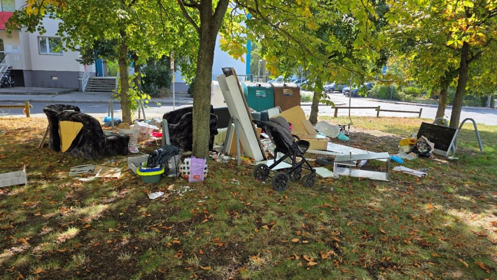 Wilde, illegale Müll mit Möbelteilen, Kinderwagen und Kartons unter Bäumen auf einer Wiese neben einem Gehweg