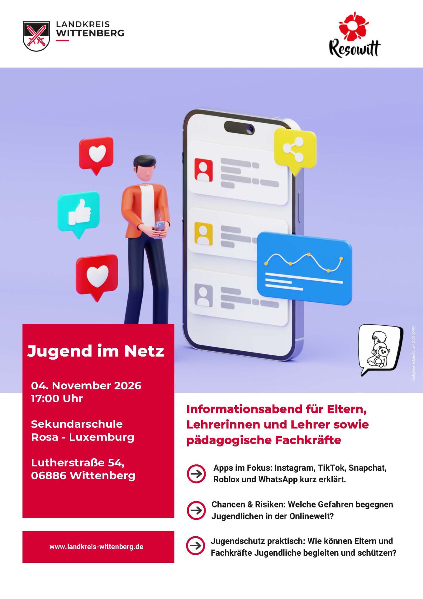 Werbeflyer für einen Informationsabend, zu sehen sind ein Handy nut verschiedenen Icons