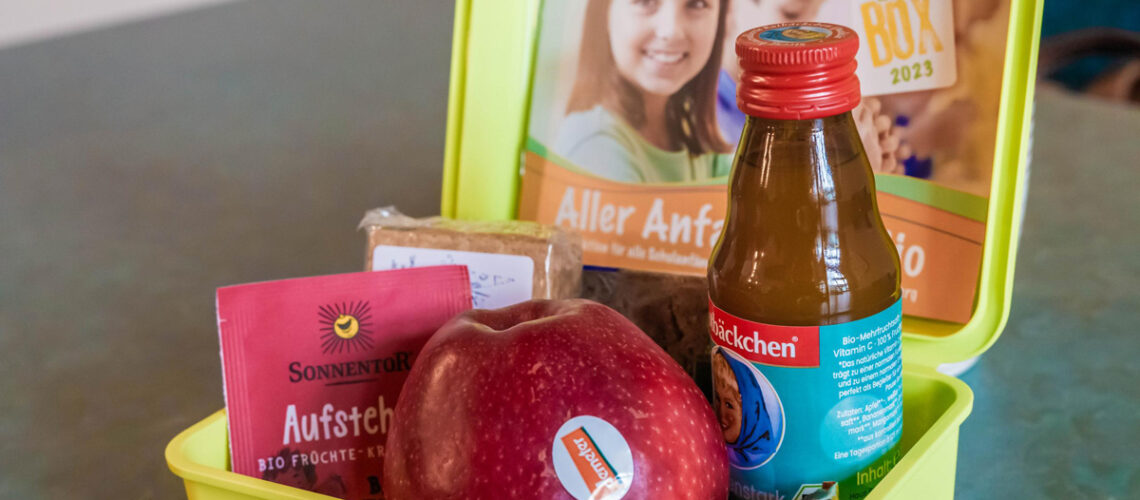 Darstellung des Inhaltes der Bio-Brotbox des Landkreises Wittenberg - Rotbäckchensaft, Tee, Apfel, Bio-Aufstrich, Dinkelkekse
