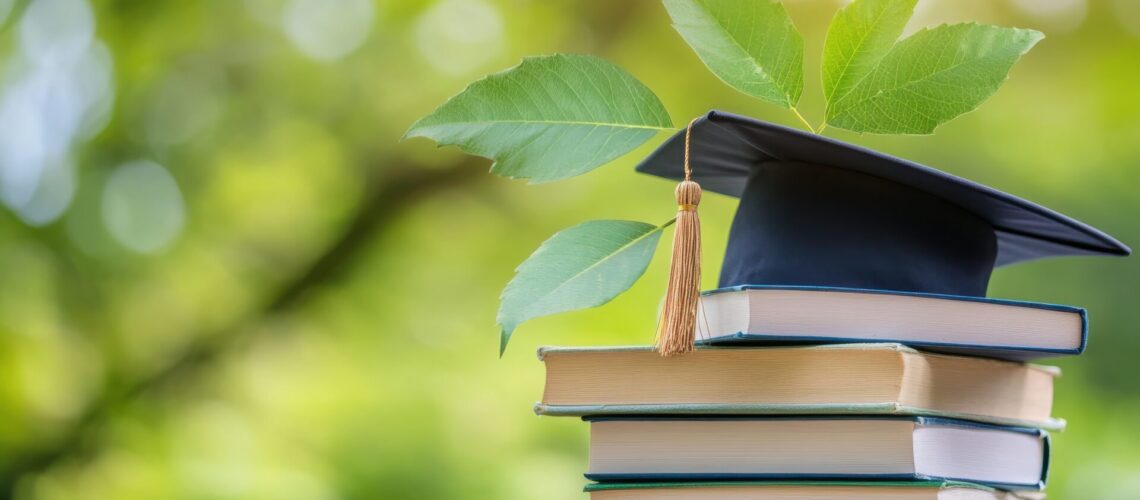 Bücherstapel mit Absolventenhut im Vordergrund rechts, im Hintergrund unscharf grün von Bäumen