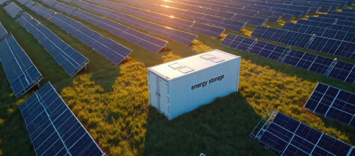 PV-Feld mit Energiespeicher im Sonnenaufgang