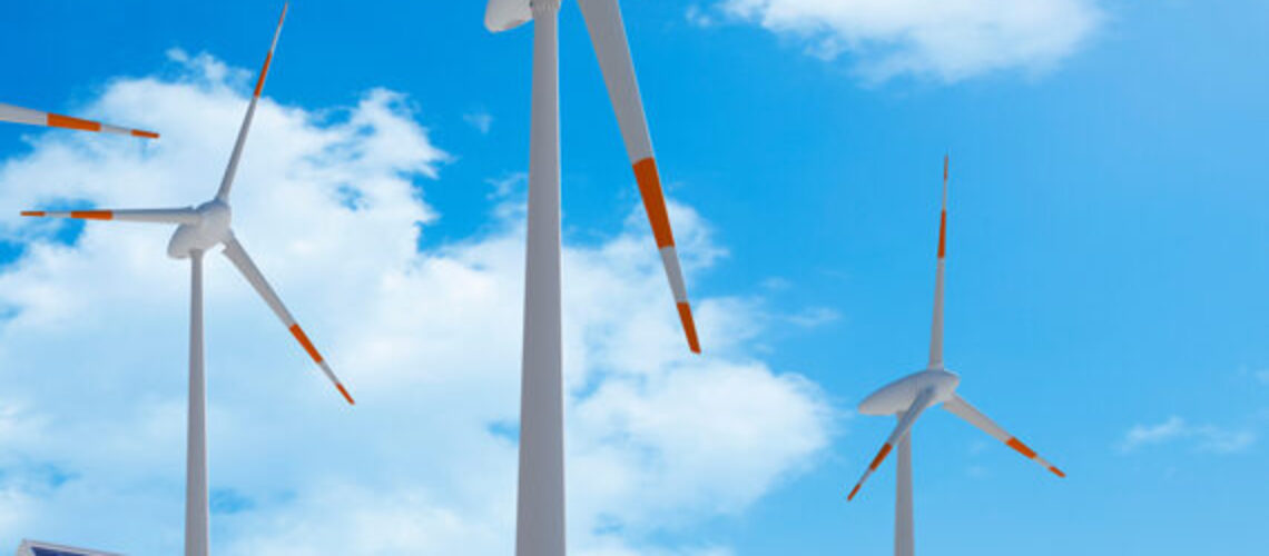 Windturbinen, Sonnenkollektoren und Wasserstoffgastanks
