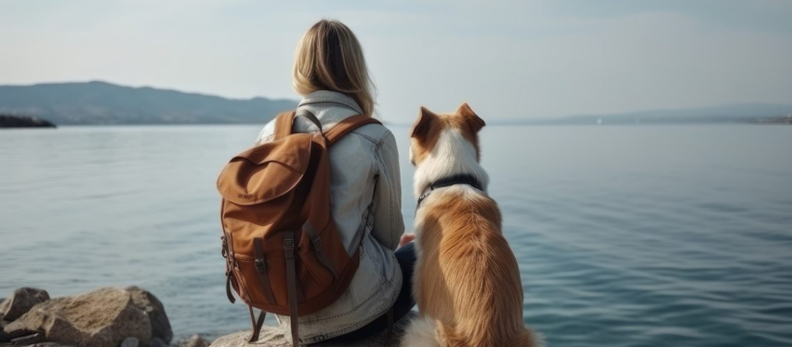 Frau reist mit Hund und sitzen am See.