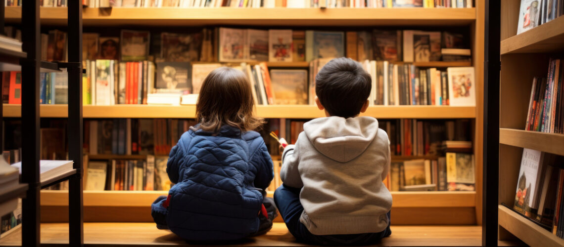 Zwei Kinder sitzen in einem Buchladen, schauen auf Regale voller Bücher - mit KI erzeugt