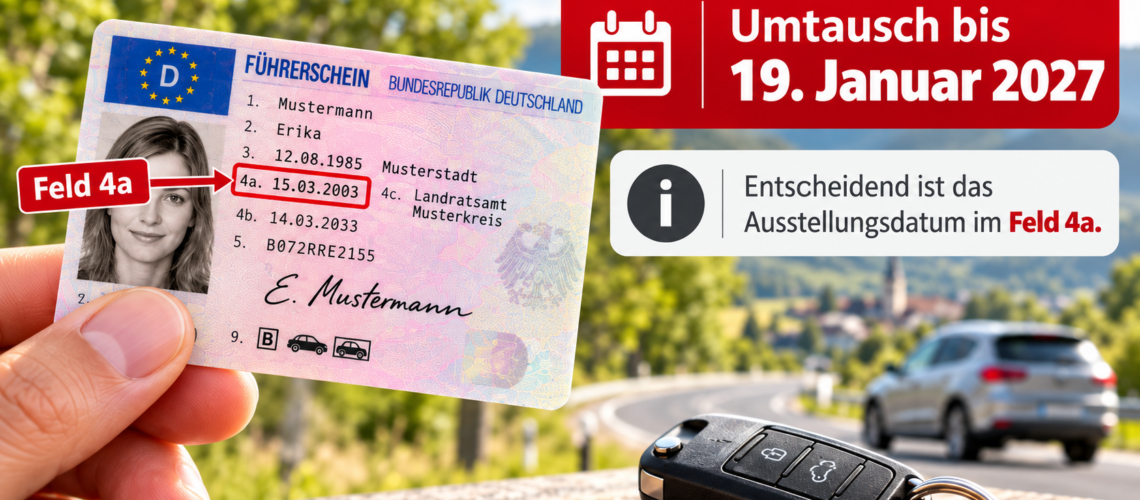 Hand hält deutschen Führerschein mit rotem Rahmen um Feld 4a und Text "Feld 4a" daneben, rechts daneben rotes Schild mit Kalender und Text 'Umtausch bis 19. Januar 2027' sowie graues Informationssymbol mit Text 'Entscheidend ist das Ausstellungsdatum im Feld 4a', im Hintergrund unscharfes Auto und Autoschlüssel auf Straße