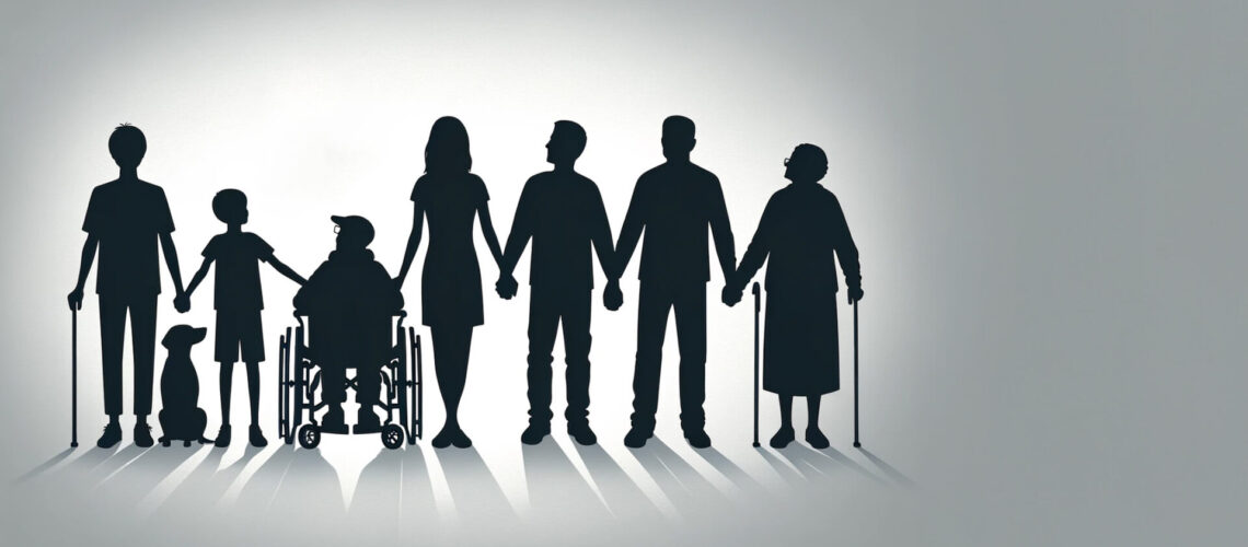 Verschiedene Personen mit Handicap, die sich an den Händen fassen