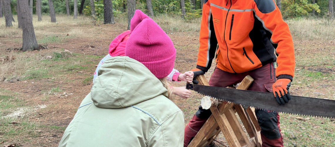 Junge in orange-schwarzer Jacke sägt mit Handschuhen an einem Holzscheit auf einer Sägebock-Holzunterlage im Wald, daneben steht eine Person mit rosa Mütze und heller Jacke
