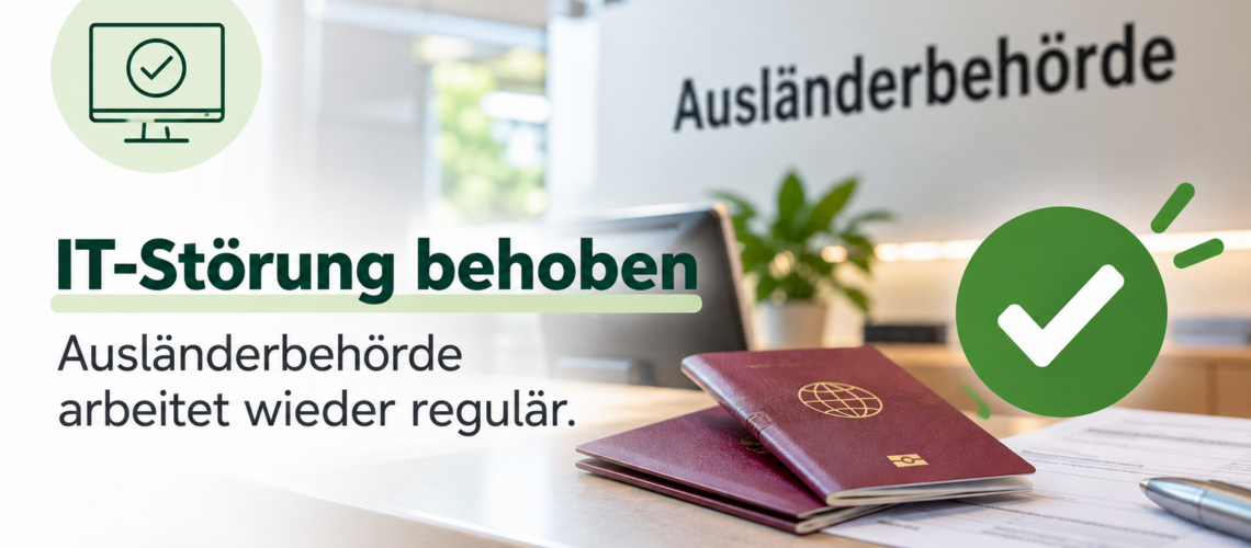 Schreibtisch mit zwei Pässen vor einer Glasscheibe mit der Aufschrift 'Ausländerbehörde' und grünes Häkchen-Symbol